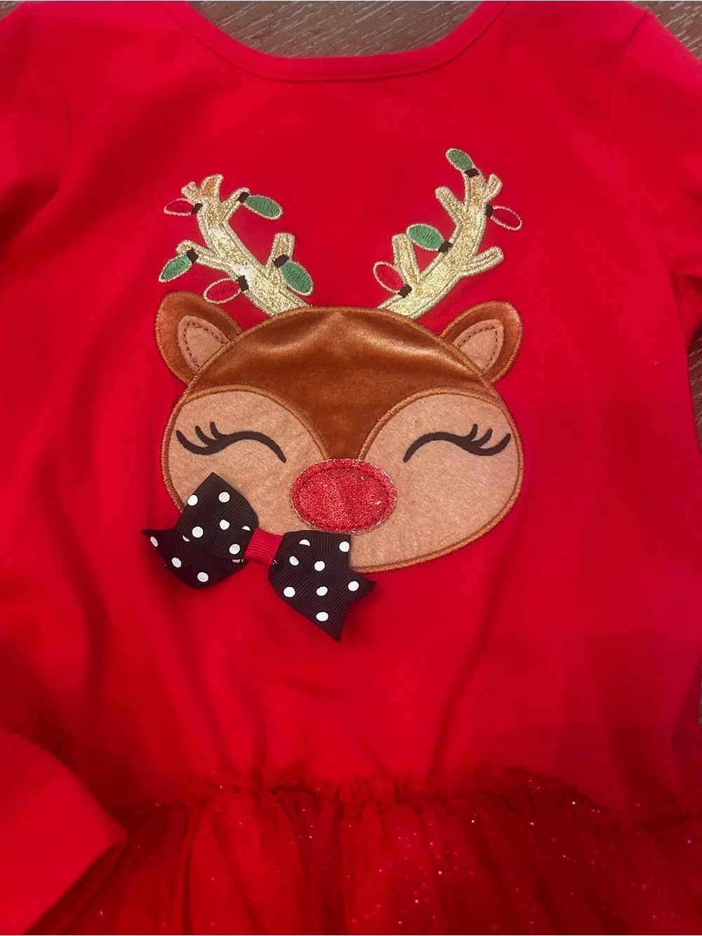 Girls' Red Reindeer Tulle Holiday Dress with Applique